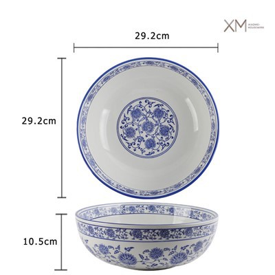 빈티지 꽃 11.5 인치 샐러드 세라믹 그릇 언더 글레이즈 컬러 블루와 흰색 도자기